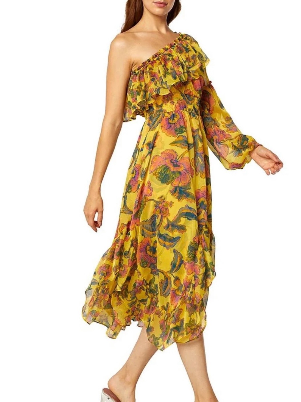 Misa Los Angeles Yellow One-Shoulder Floral Ruffle Midi Dress